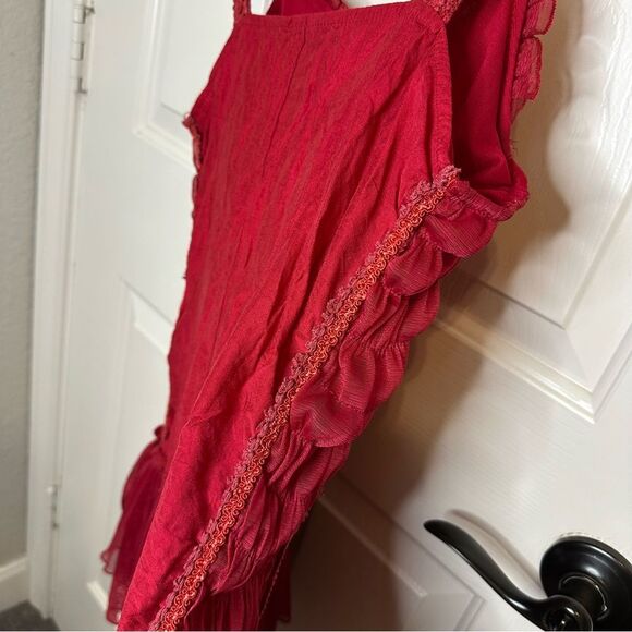 Pretty Angel Red Rosette Appliqué Floral Lace Linen Blend Tunic Mini Dress Sz M - Picture 6 of 11